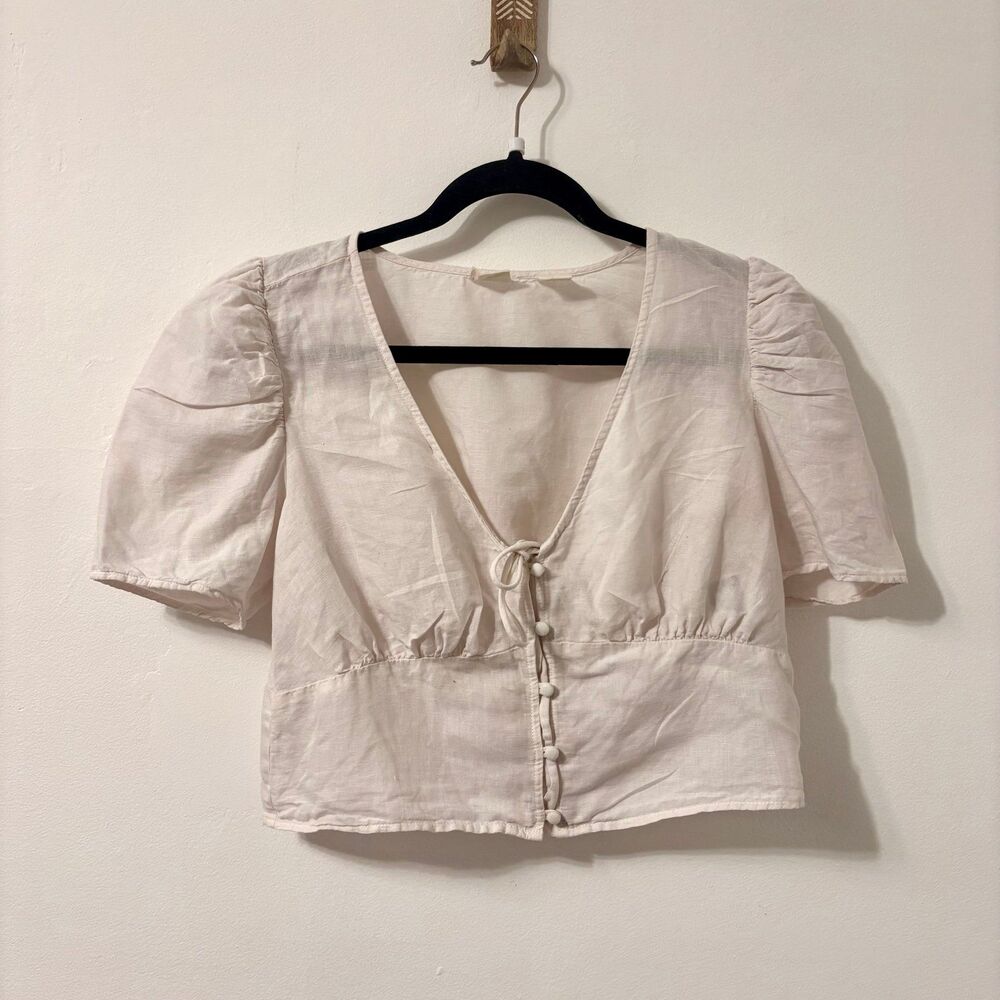 Levi's White Luisa Puff-Sleeve Tie-Front Cotton Linen Top Sz S